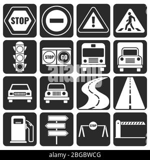 Symbole für Verkehrs- und Richtungsvektoren festgelegt. Verkehrsschild für Route und Straße, Straßenschild monochrome Illustration Stock Vektor