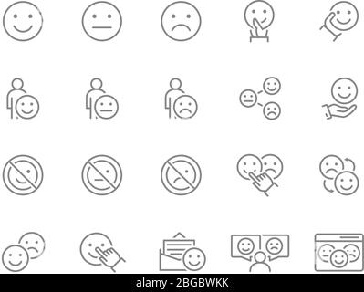Satz von Symbolen für die Emotionalität. Erfahrungsberichte, Lächeln, verärgert, emotionsloses Gesicht, positive und negative Emotionen und mehr. Stock Vektor