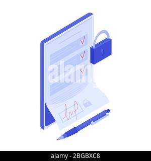 Cartoon isometrische smart Vertrag Vektor Grafik Illustration. Digitale Technologie Signing Banking Stock Vektor