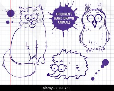 Niedliche handgezeichnete Cartoon Katze, Eule, Igel für Baby und Kinder Karten Designs oder Stoff drucken. Line Art Original Vektor Illustration Set Stock Vektor