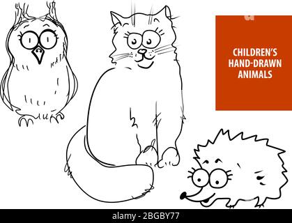 Niedliche handgezeichnete Cartoon Katze, Eule, Igel für Baby und Kinder Karten Designs oder Stoff drucken. Line Art Original Vektor Illustration Set isoliert Stock Vektor