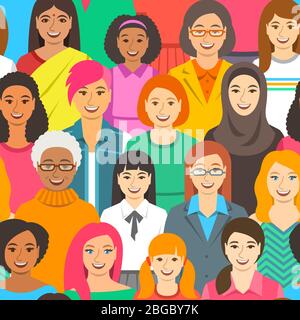 Damen Vielfalt nahtloses Muster. Glücklich lächelnde weibliche Gesichter von unterschiedlicher Ethnizität, Alter und Rasse. Cartoon Vektor Illustration. Mädchen macht und zusammen Stock Vektor