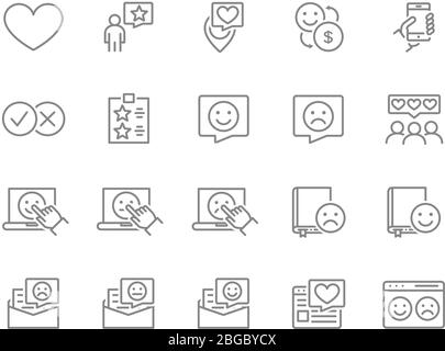 Satz von Symbolen für die Testimonial Line. Zu Favoriten hinzufügen, positive Rückmeldungen, schöner Ort, Häkchen und mehr. Stock Vektor