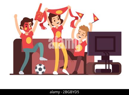 Fußballfans und Freunde, die auf der Couch fernsehen. Fußball-Spiel Unterstützung Menschen Vektor Illustration. Fußball-Fan Spiel auf tv zu sehen Stock Vektor