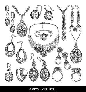 Goldener und silberner Schmuck. Verschiedene Diamanten und Kristalle. Handzeichnungen Illustrationen Stock Vektor