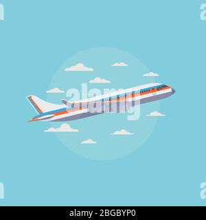 Flugzeug in blauem Himmel mit weißen Wolken. Vector Konzept für Reise- und Luftfracht. Flugzeug Transport Tourismus, kommerzielle Flugzeug Illustration Stock Vektor