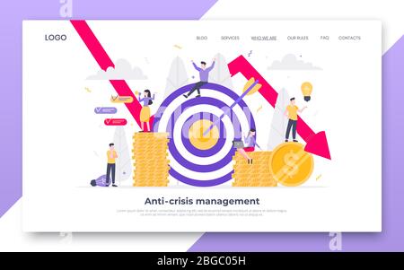 Konkurs oder Weltfinanzkrise wirtschaftlichen Abschwung. Roter Pfeil fällt mit kleinen Menschen Landing Page Vorlage flach Stil Design Vektor illustrr Stock Vektor