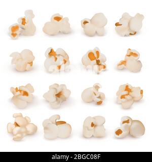 Makro realistische Popcorn isoliert Vektor-Set. Popcorn Snack-Lebensmittel, realistische Ernährung Illustration Stock Vektor