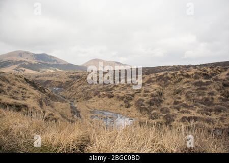 Mount Aso und Kusasenri im Winter. Bedeckt von goldgelbem Grasland - Kumamoto, Japan Stockfoto