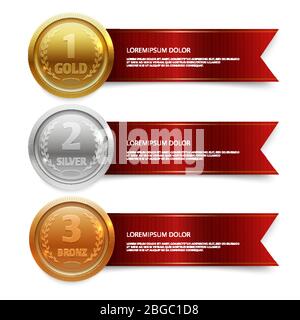 Champion Gold, Silber und Bronze Medails mit roten Band Banner. Gewinner-Award-Wettbewerb, Preismedaille und Banner für Text. Vektorgrafik Stock Vektor