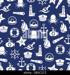 Meer oder Meer nahtlose Muster mit Anker Boot Flasche Shell Oktopus. Ocean Patetrn mit Flasche Meerestier. Vektorgrafik Stock Vektor