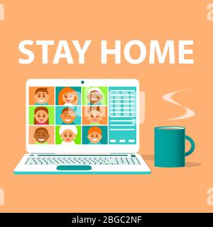 Laptop und eine Tasse Kaffee. Chatten mit Freunden über Videokonferenzen während der Quarantäne. Schriftzug mit dem Hinweis zu Hause zu bleiben. Vektorgrafik Stock Vektor