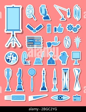 Business- und Management-Symbole sind in blauen Tönen gehalten. Alle Symbolobjekte, Schatten und Hintergrund sind in verschiedenen Ebenen. Stock Vektor