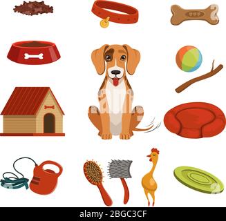Verschiedene Accessoires für Haustiere. Hund im Haus. Vektorgrafiken Stock Vektor