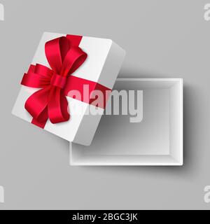 Leere offene Box mit rotem Seidenband und Geschenk Schleife Ansicht von oben. Realistische Vektordarstellung isoliert. Überraschung zu Urlaub und Feier mit rotem Band Stock Vektor