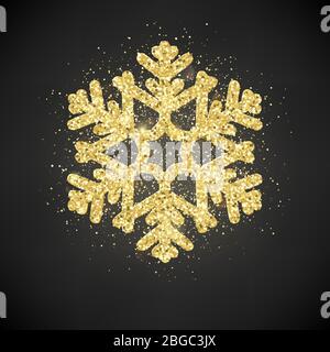 Glitzernde, mit Glitzer überzogene goldene Schneeflocke. Einladung frohes neues Jahr und Weihnachtskarte Vorlage. EPS 10 Stock Vektor