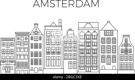 Amsterdam beherbergt Stadtpanorama. Niederländische Straßengebäude Vektor Skyline. Skyline Straße Stadt Architektur Linie Stil Illustration Stock Vektor