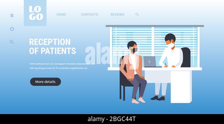 Arzt Beratung Patient in Maske Coronavirus 2019-nCoV Schutz Empfang von Patienten medizinische Beratung Konzept Kopierer Raum volle Länge horizontalen Vektor-Illustration Stock Vektor