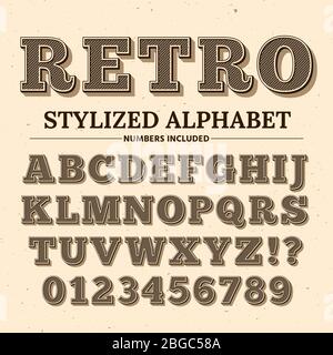 Vintage Typografie Vektorschrift. Dekoratives Retro-Alphabet. Buchstaben und Zahlen im alten westlichen Stil. Illustration von Alphabet Typografie, Vintage Kalligraphie Buchstaben und Zahlen Stock Vektor