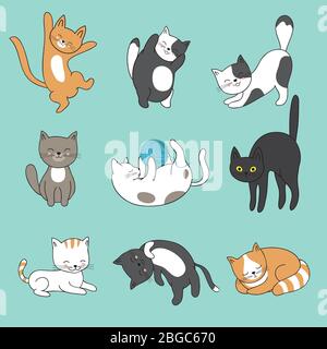 Cool Doodle abstrakte Katzen Vektor-Zeichen. Hand gezeichnet Cartoon Kätzchen. Tier lustige Charakter, Katze Maskottchen flauschige Illustration Stock Vektor