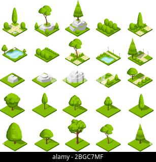 Isometrische 3d-Naturelemente. Wald und Stadtpark Bäume und Pflanzen. Vektorgrafik. Holz und Park grünen Naturteil, natürliche Öko isometrische Illustration Stock Vektor