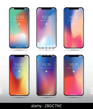 Moderne Smartphone Vektor Mockups mit abstrakten zeitgenössischen Farbbildschirmen. Schnittstelle Smartphone-Bildschirm, Telefon Mockup Wallpaper Illustration Stock Vektor