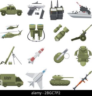 Icon-Set von verschiedenen Armeewaffen. Militär- und Polizeiausrüstung. Vektorbilder im flachen Stil Stock Vektor