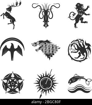 Great Kingdoms beherbergt Spiele heraldischen Vektor-Symbole mit Linie Tiere und Thron-Symbole. Tier Tattoo für mittelalterliche Heraldik Illustration Stock Vektor