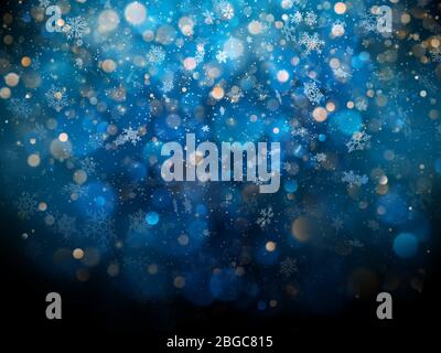 Weihnachten und Neujahr Vorlage mit weißen verschwommenen Schneeflocken, Glare und Glitzern auf blauem Hintergrund. EPS 10 Stock Vektor