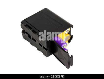 Adapter Batterien für Kamera. Batteriegehäuse. Isoliert auf weißem Hintergrund. Stockfoto