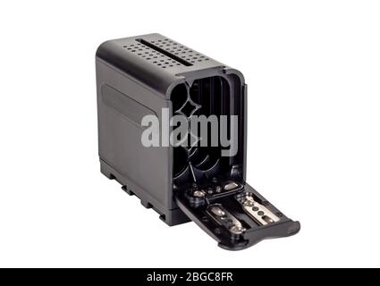 Batteriehalter für die Kamera. Batterie Gehäuse. Auf weissem Hintergrund. Stockfoto