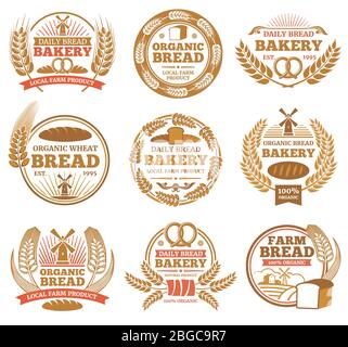 Vintage Bäckerei Vektor-Etiketten mit Weizenohren und Brot Symbole. Bäckerei Vintage Abzeichen und Emblem Illustration Stock Vektor