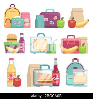 Schultaschen für Snacks. Gesunde Ernährung in Kinder Lunchboxen Vektor-Set. Sandwich und Snack in Lunchbox Illustration Stock Vektor