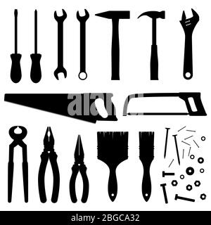 Hand Industrie-und Bauwerkzeuge Vektor Silhouetten. Handyman-Toolkit. Abbildung: Schraubendreher und Schraubenschlüssel, Hammerinstrument und Säge Stock Vektor