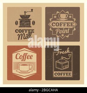 Coffee Shop Markt oder Café oder Restaurant Vintage Banner Etiketten Set. Kaffeeaufkleber für Menüabzeichen. Vektorgrafik Stock Vektor