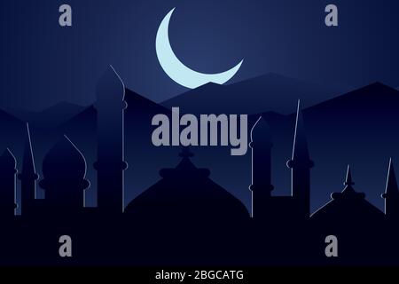 Ramadan Kareem-Poster. Mond und arabische Moschee bei Nacht, moderner minimalistischer Vektor im flachen Stil. Islam Festival, heilige Veranstaltung. Islamisch blauer Hintergrund Stock Vektor