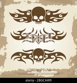 Vintage Retro Hintergrund mit Totenkopf Vinyl Dekoration Elemente. Vektorgrafik Stock Vektor