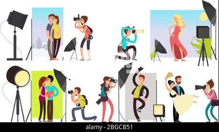 Fotografen, die im Studio Fotos von verschiedenen Personen aufnehmen. Vektorzeichen gesetzt. Kamera und Foto, Fotograf professionelle Illustration Stock Vektor