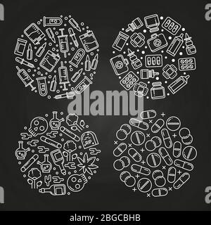 Medizin lineare Icons - Medikamente Pillen Flaschen Vitamine runde Konzepte auf Tafel. Vektorgrafik Stock Vektor