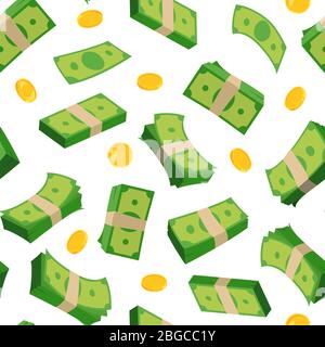 Verschiedene Geldscheine von Dollar und Münzen. Vektor-Nahtloses Muster Stock Vektor