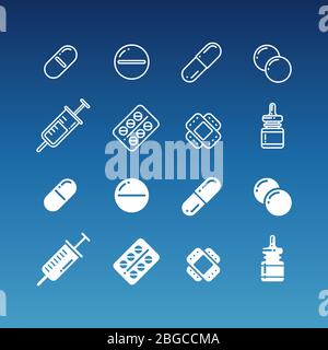 Medikamente linear und Silhouette Symbole - Pillen Medikamente Flaschen. Vektorgrafik Stock Vektor