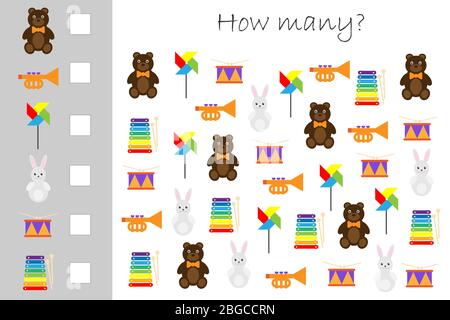 Wie viele Zählen Spiel mit verschiedenen Spielzeug für Kinder, pädagogische mathematische Aufgabe für die Entwicklung des logischen Denkens, Vorschule Arbeitsblatt Aktivität, cou Stock Vektor
