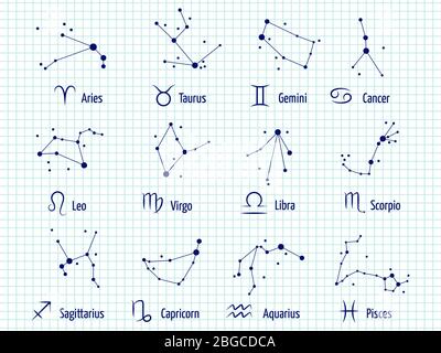Sternzeichen Horoskop Symbole Astrologie Symbole Sternbilder Sternbilder auf Notebook-Hintergrund. Vektorgrafik Stock Vektor