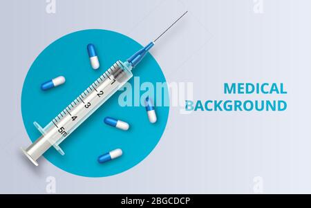 Realistische Pille und Spritze. Impfstoffinjektion Coronavirus Covid-19, neuartiges Coronavirus. Medizinischer Hintergrund. Vektorgrafik Stock Vektor