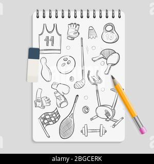 Sport-Elemente auf realistischem Notebook kritzeln. Skizzenbuch Doodle Bleistift, Sportball und Ausrüstung Illustration Stock Vektor