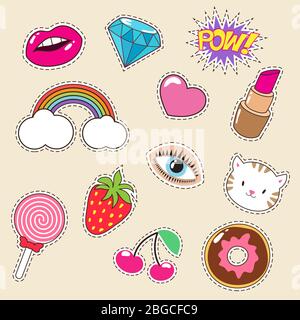 Nette bunte Mädchen Vektor Mode Patches. Lippenstift, Regenbogen, Diamant und Erdbeere Symbole. Vektor Stickerei Abzeichen und Patch, Herz Aufkleber und Erdbeere Applikation Illustration Stock Vektor