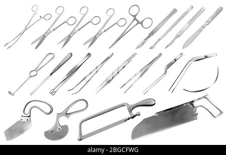 Set für chirurgische Instrumente. Pinzette, Skalpelle, Liston s Messer, Klemme, Schere, Folkman Haken, Meyer Zange, Nadel, Langenbek Säge, Satterlee Säge Stock Vektor