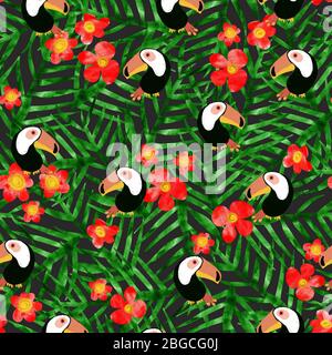Tukane zwischen Dschungel Blätter nahtlose Muster. Exotische tropische grüne Palmenblätter und rote Blüten mit Tucan Vogel auf schwarzem Hintergrund. Wiederholen Stockfoto