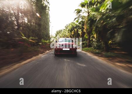 Roter schwerer LKW auf der Autobahn über den Wald, Vorderansicht Stockfoto