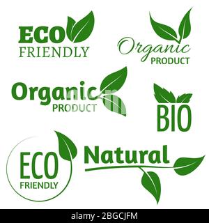 Organische Öko-Vektor-Logos mit grünen Blättern. Bio-freundliche Produkte Etiketten mit Blatt. Bio Natur, Bio und Öko-Grün-Label Illustration Stock Vektor